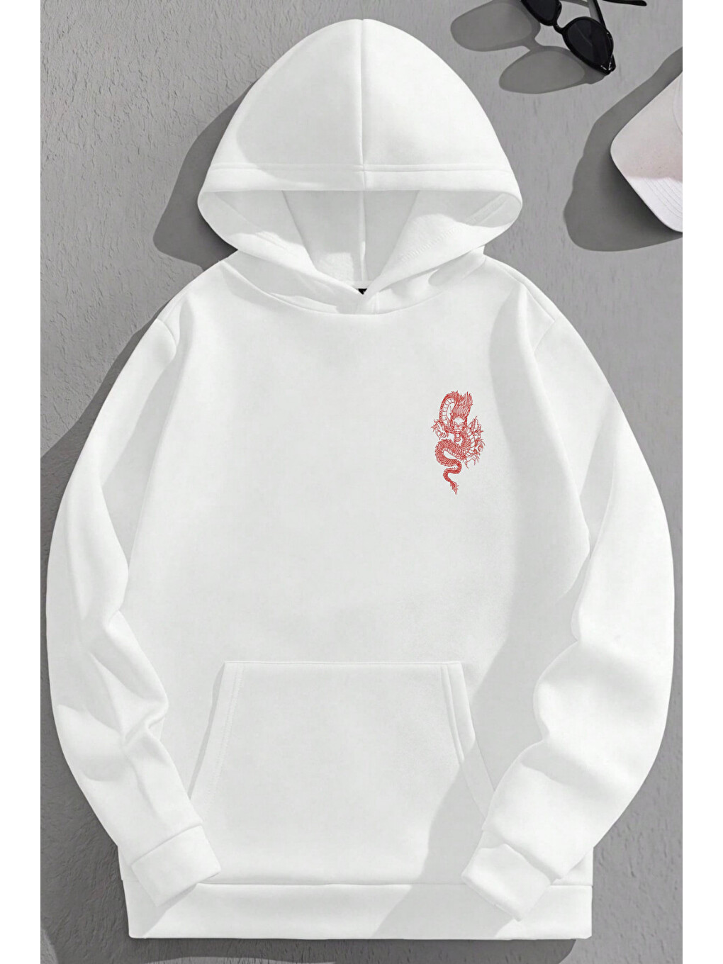 Unisex 3 İplik Pamuklu Beyaz Reddragon Baskı Bol Kalıp Sweatshirt Hoodie-1