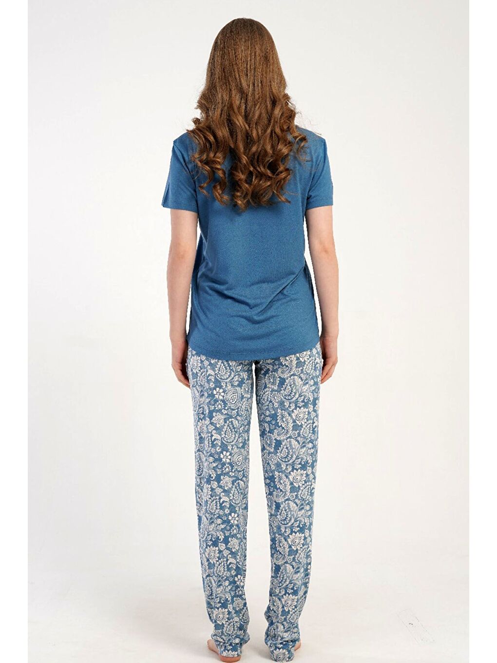 Damla Yaka Yarım Düğmeli Pijama Takımı Mavi-512276-2