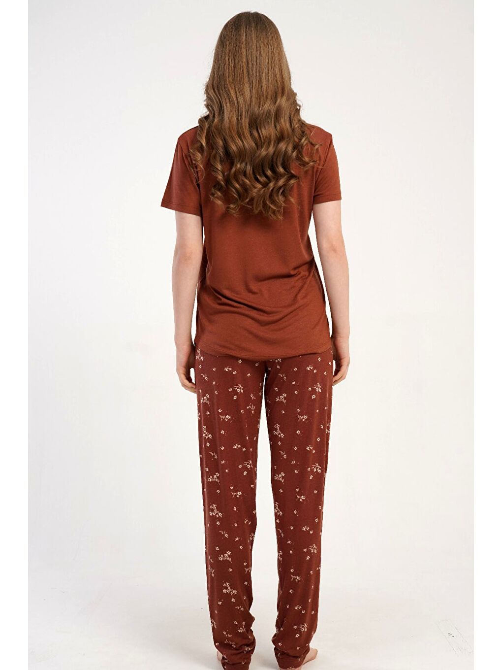 Kahverengi Damla Yaka Yarım Düğmeli Pijama Takımı Kiremit-512242-2