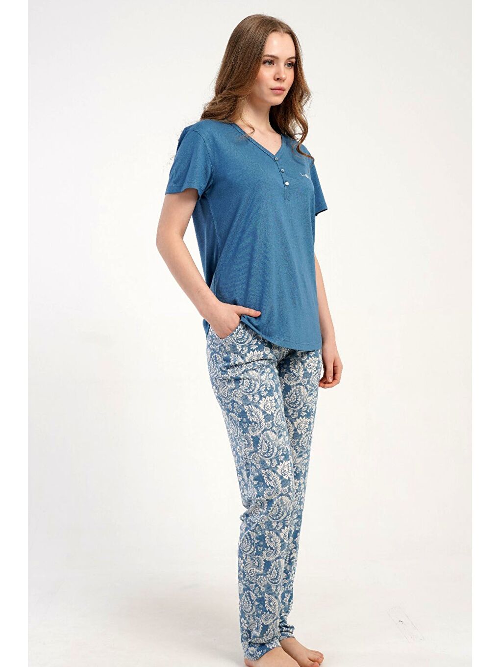 Damla Yaka Yarım Düğmeli Pijama Takımı Mavi-512276-3