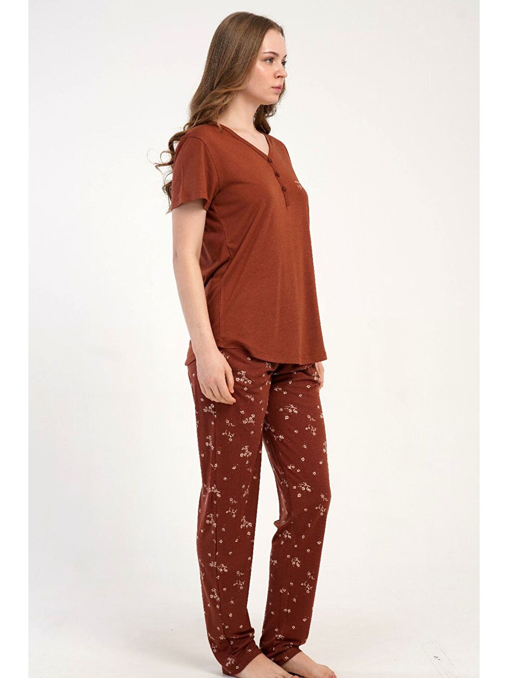 Kahverengi Damla Yaka Yarım Düğmeli Pijama Takımı Kiremit-512242-3