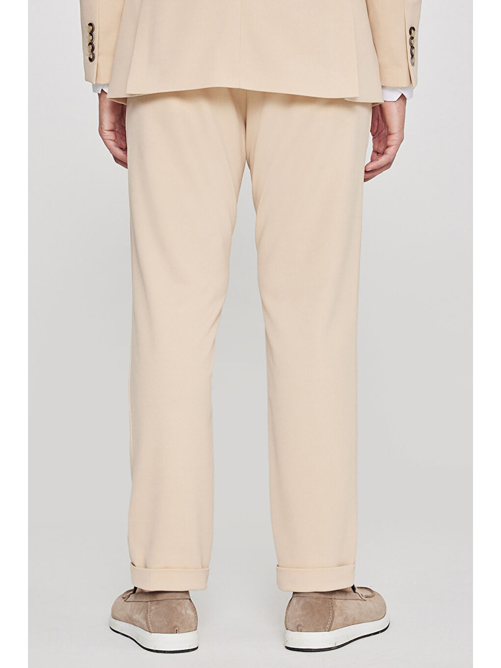 Erkek Bej Slim Fit Dar Kesim Mono Yaka Beli Bağlamalı Kapak Cepli Esnek Takım Elbise-6