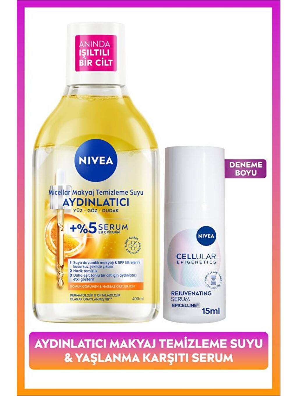 Yaşlanma Karşıtı ve Aydınlatıcı Cilt Bakım Seti,Cilt Serumu 15ml ve Micellar Makyaj Temizleme Suyu