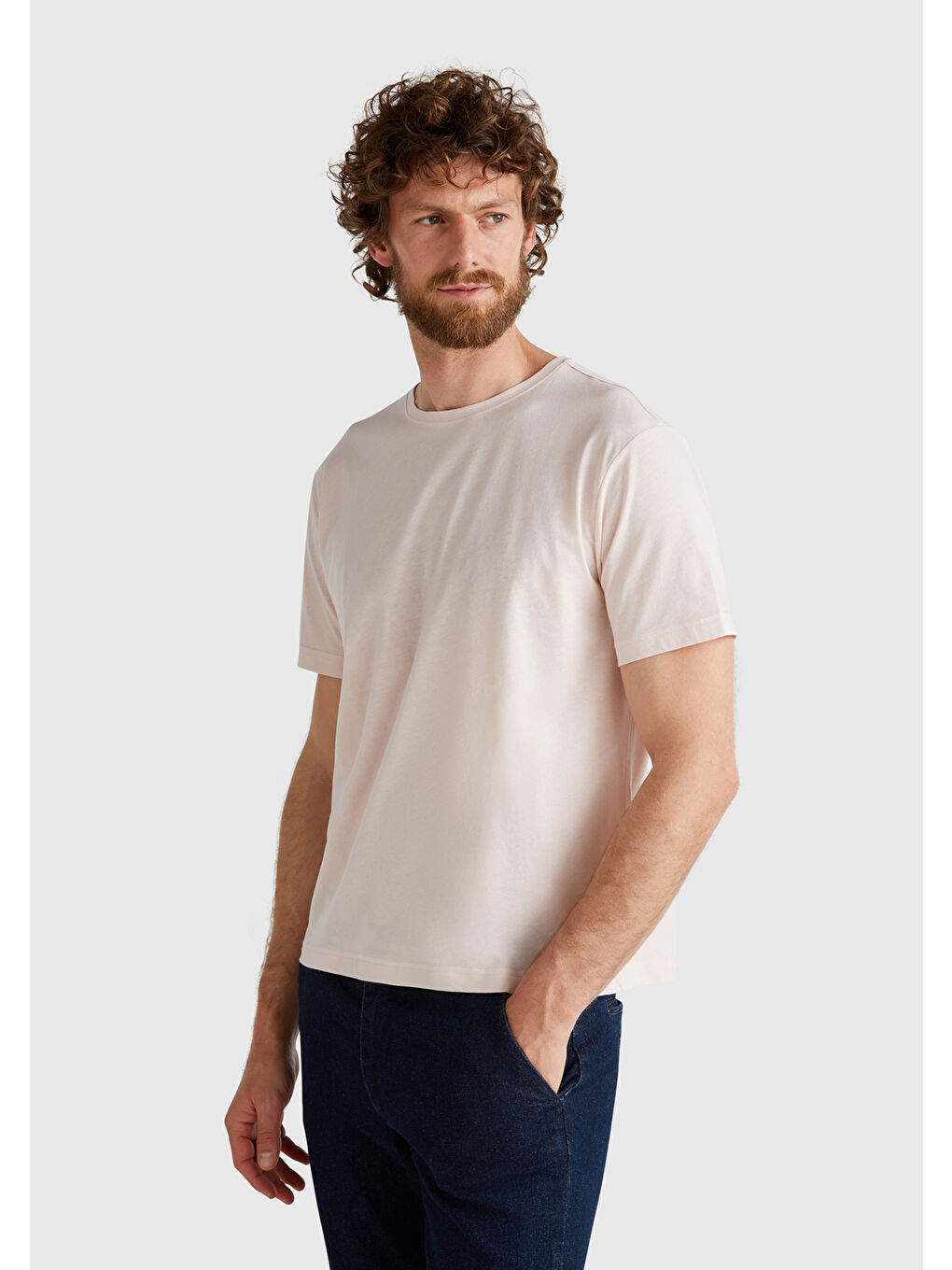 Erkek Pembe %100 Pamuk Bisiklet Yaka T-Shirt