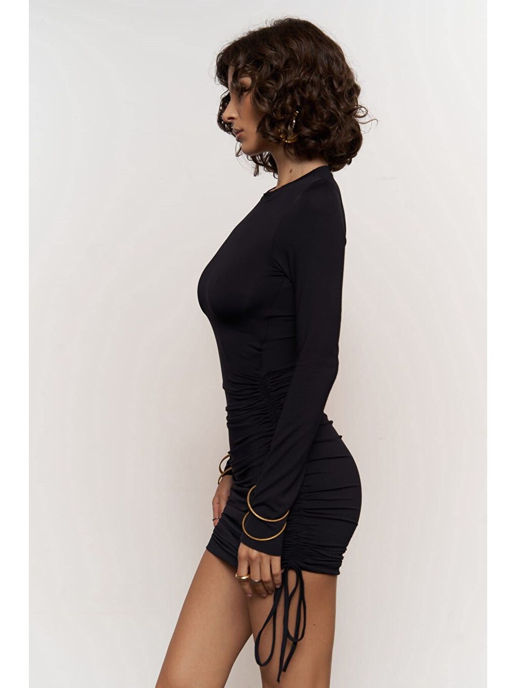 Edna Yan Büzgü Detay Siyah Elbise-3