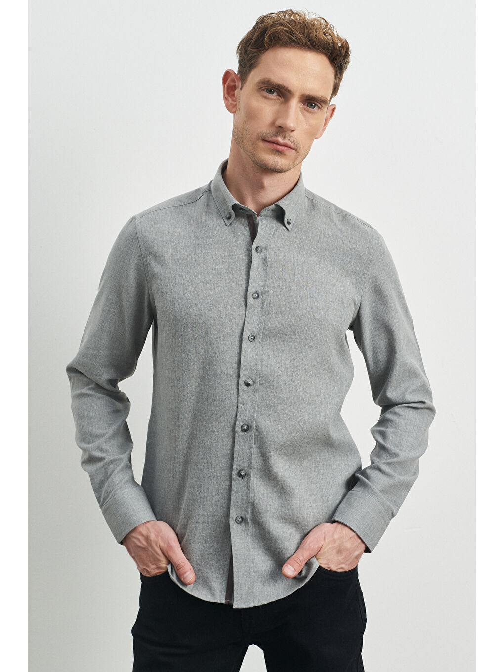 Erkek Açık Gri Slim Fit Dar Kesim Düğmeli Yaka Flanel Oduncu Gömlek