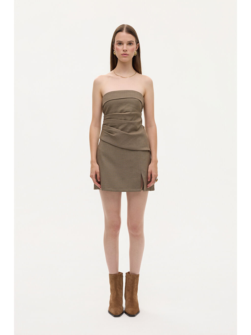 Asimetrik Drapeli Straplez Bluz Kahverengi-2