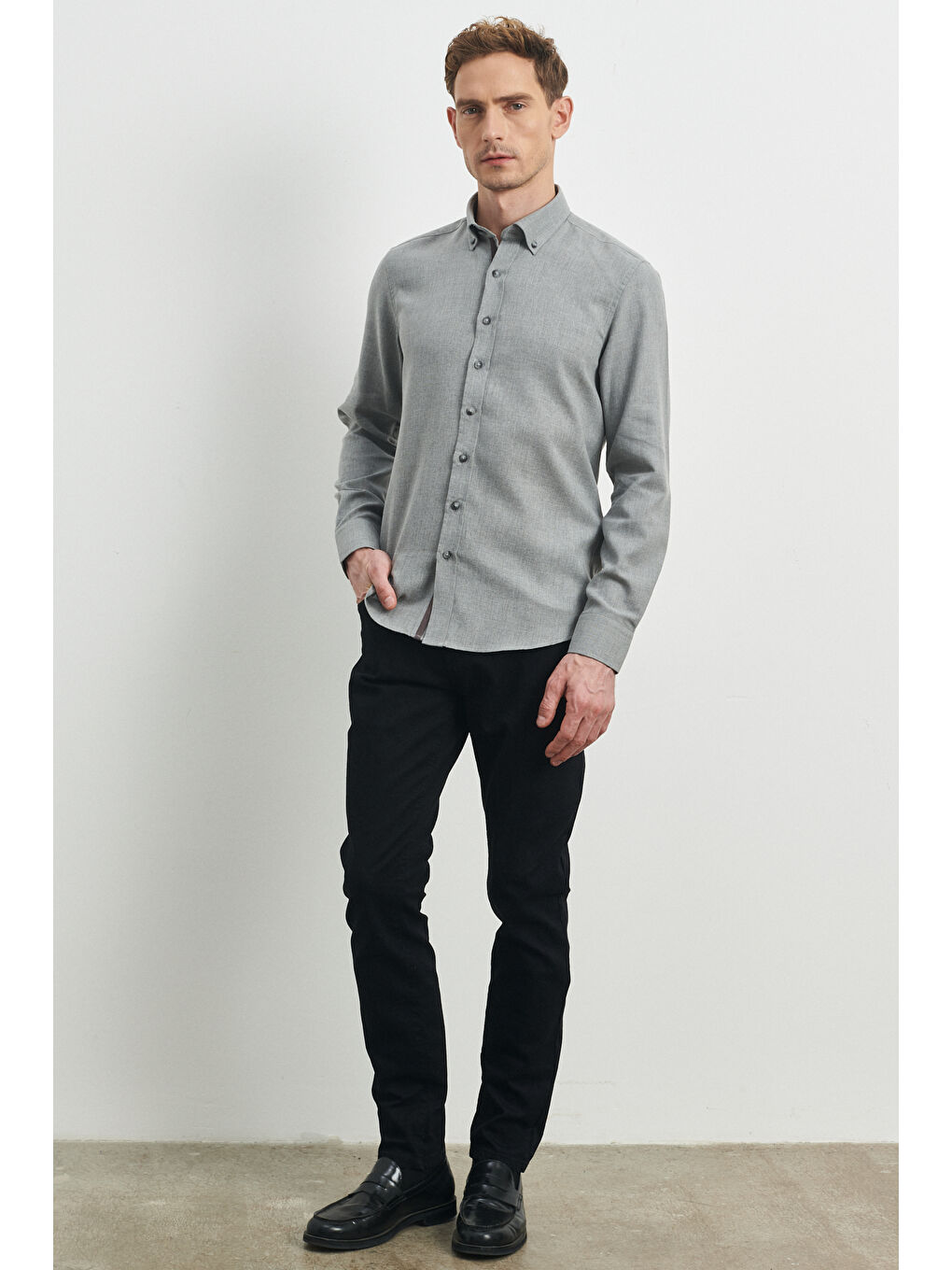 Erkek Açık Gri Slim Fit Dar Kesim Düğmeli Yaka Flanel Oduncu Gömlek-1