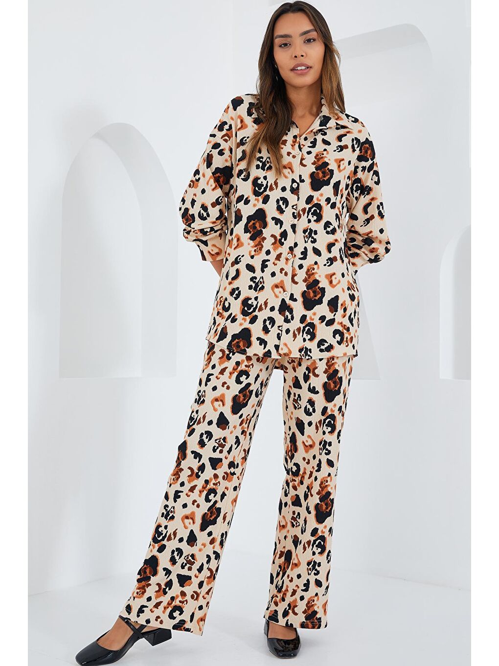 Bej Kadın Krem Kahverengi Desenli Örme İkili Takım 5858-1