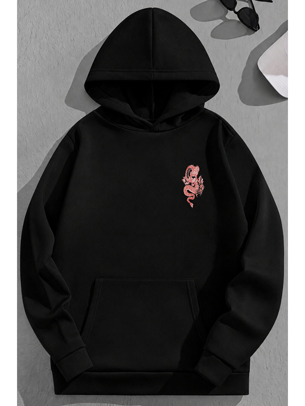 Unisex 3 İplik Pamuklu Siyah Reddragon Baskı Bol Kalıp Sweatshirt Hoodie-1