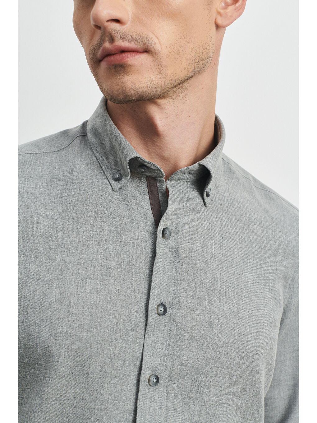 Erkek Açık Gri Slim Fit Dar Kesim Düğmeli Yaka Flanel Oduncu Gömlek-2