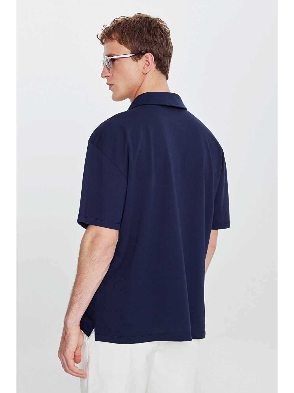 Erkek Lacivert Pamuklu Comfort Fit Rahat Kesim Hawai Yaka Armürlü Örme Gömlek-4