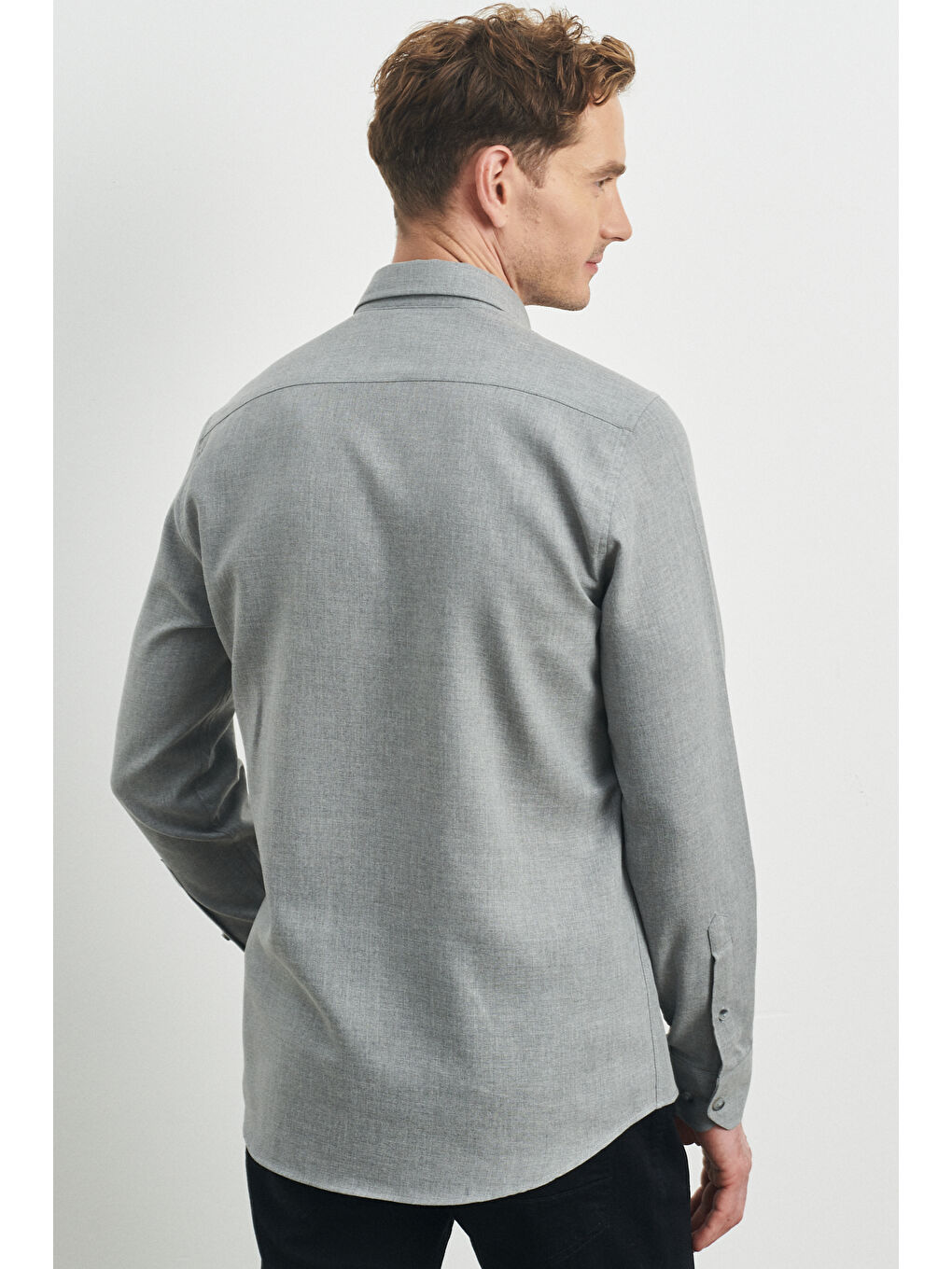 Erkek Açık Gri Slim Fit Dar Kesim Düğmeli Yaka Flanel Oduncu Gömlek-3