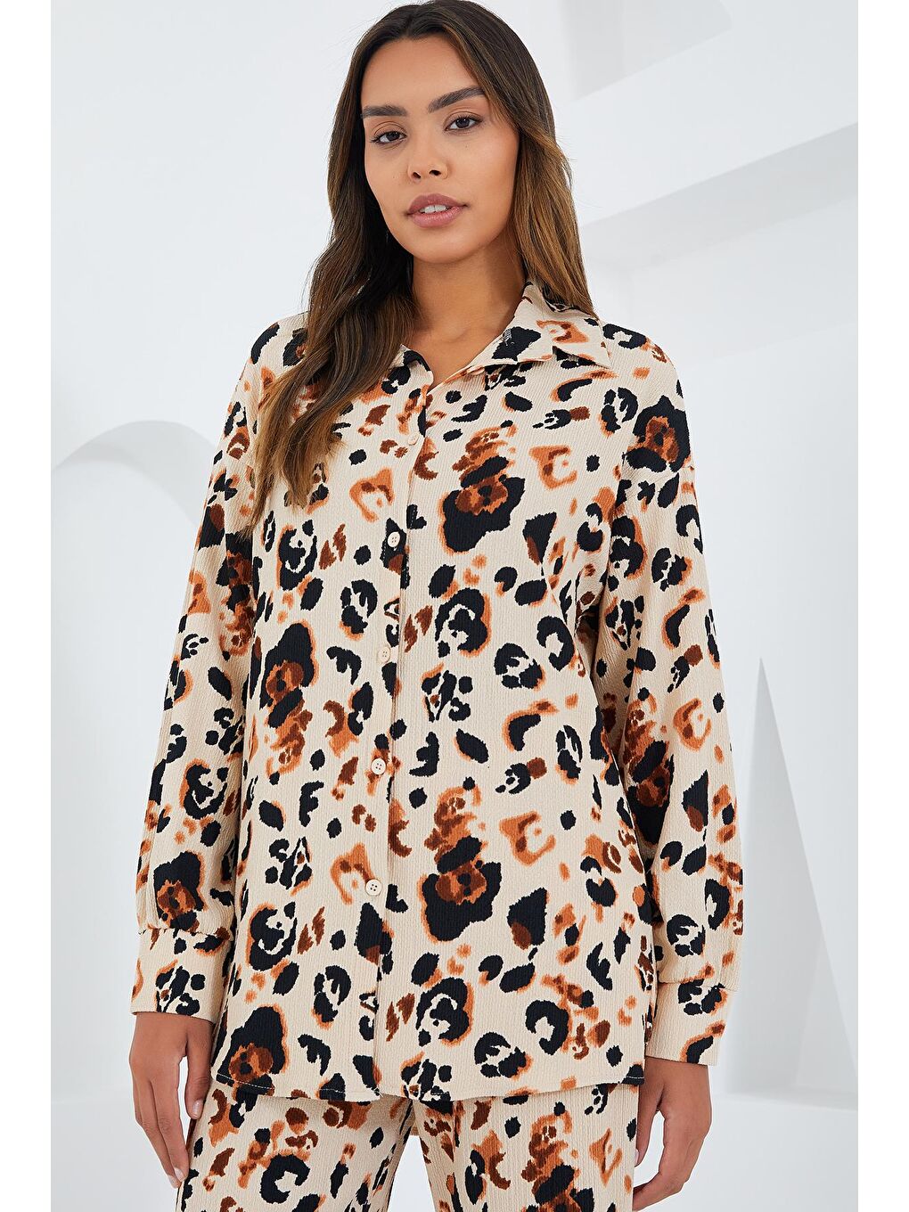 Bej Kadın Krem Kahverengi Desenli Örme İkili Takım 5858-2