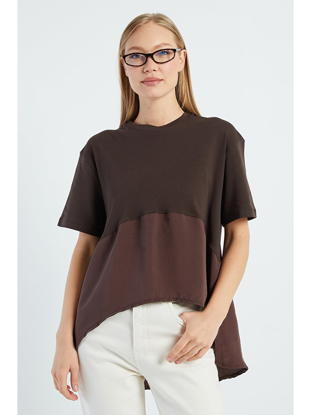 Kahverengi Basic Arkası Uzun Oversize Tişört-1