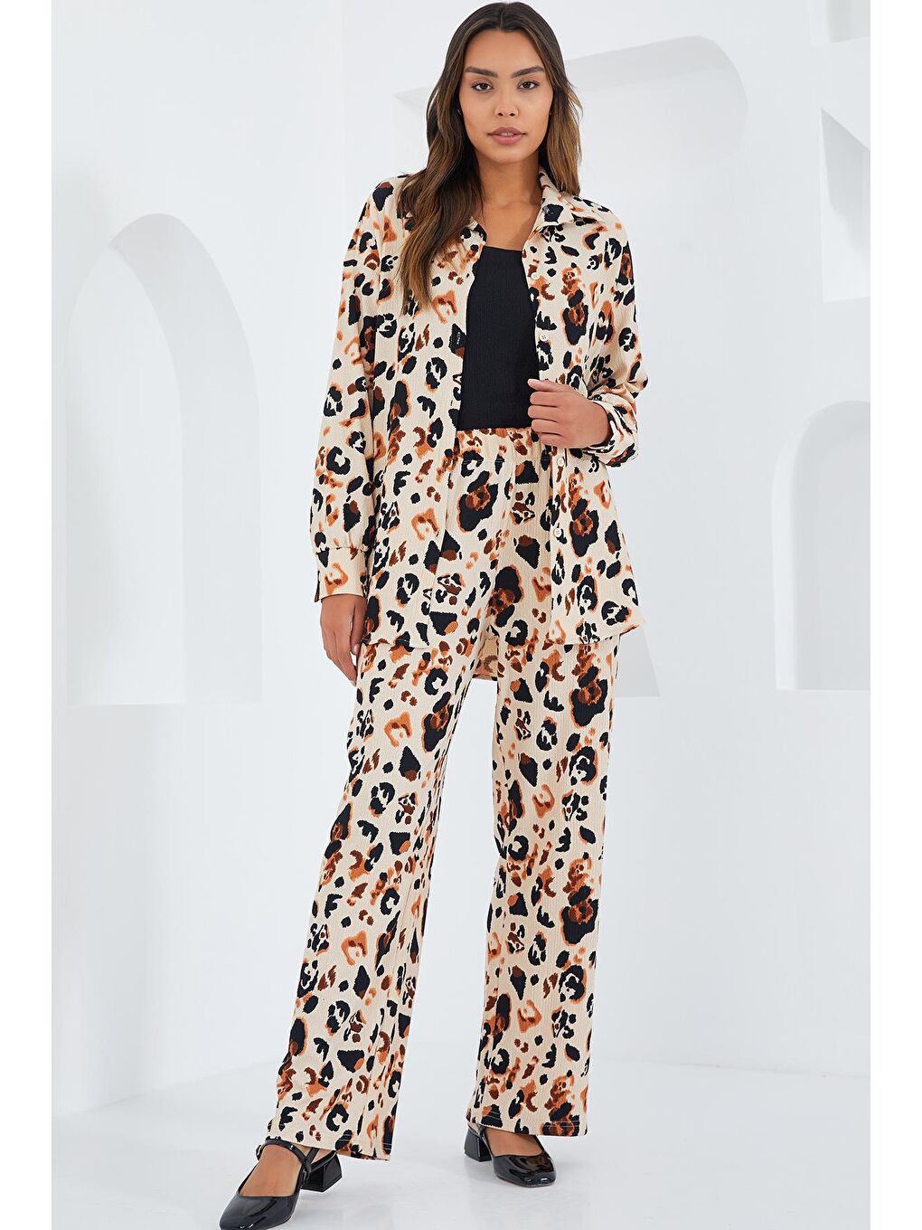 Bej Kadın Krem Kahverengi Desenli Örme İkili Takım 5858-3