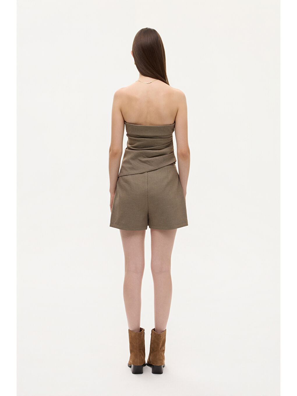 Asimetrik Drapeli Straplez Bluz Kahverengi-4