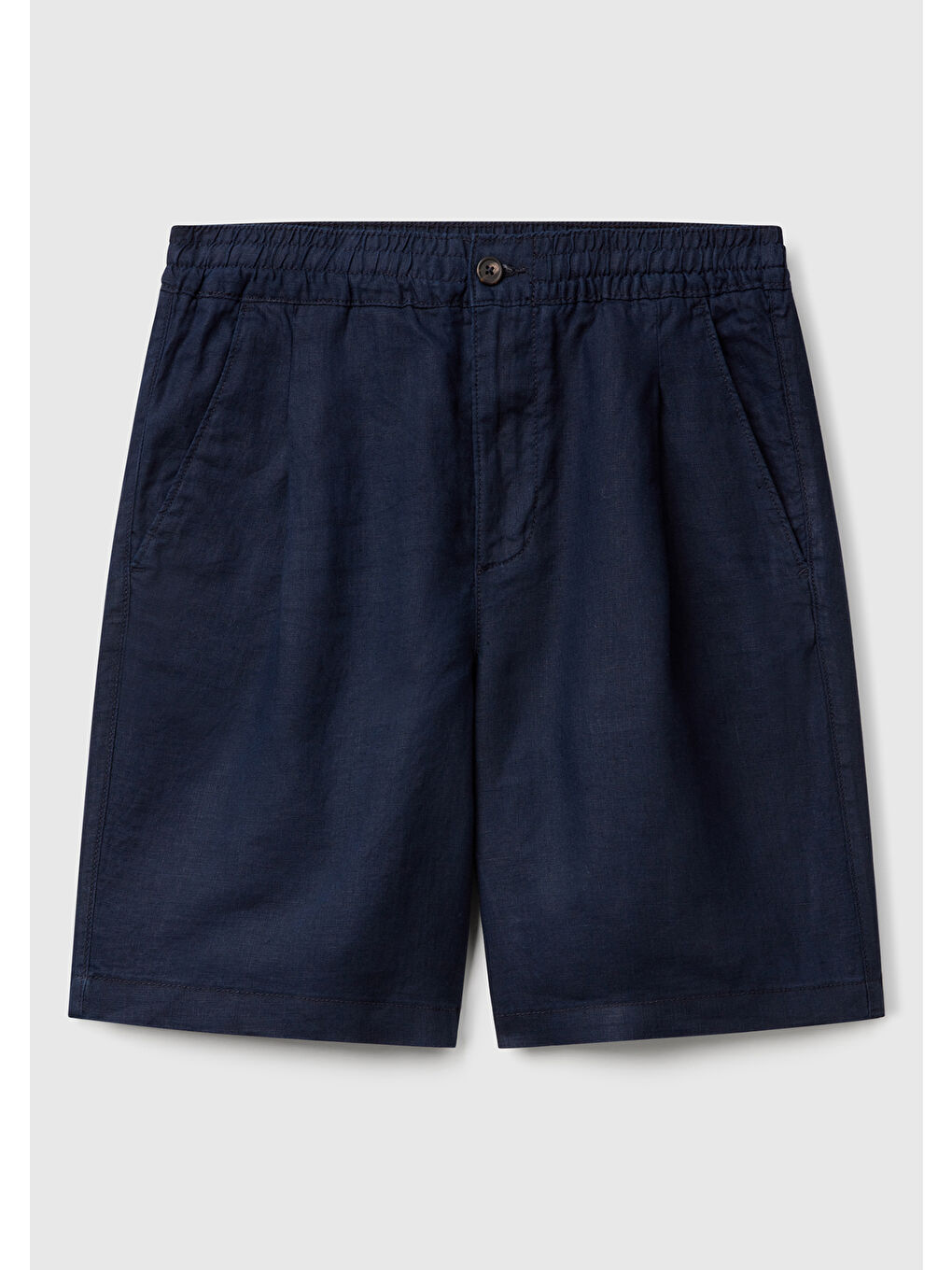 Erkek Lacivert %100 Keten Büzgü İpli Düğmeli Pile Detaylı Bermuda Şort-1