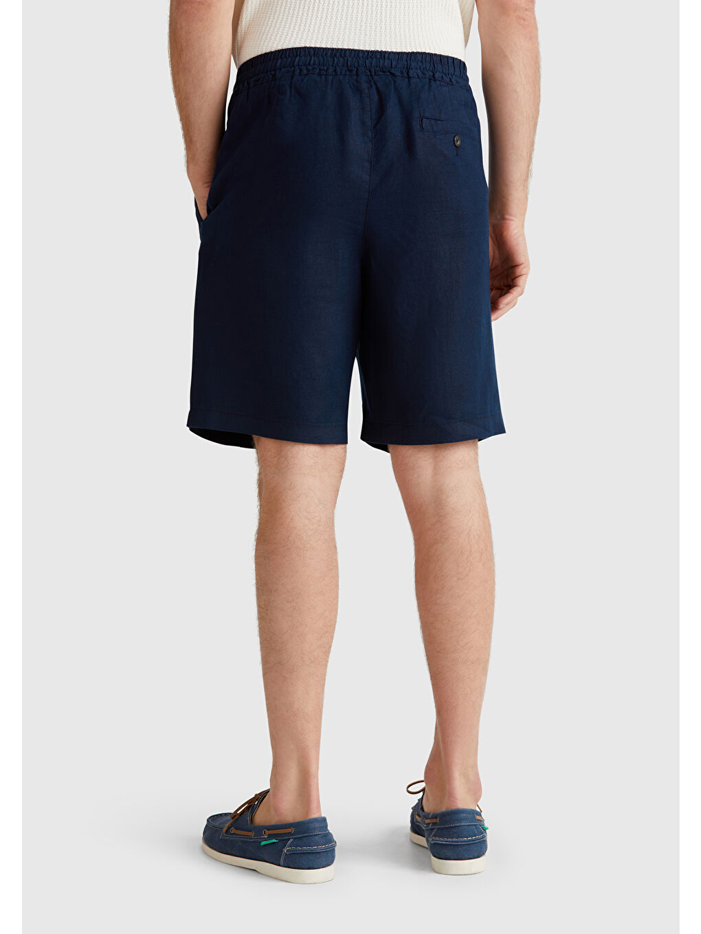 Erkek Lacivert %100 Keten Büzgü İpli Düğmeli Pile Detaylı Bermuda Şort-2