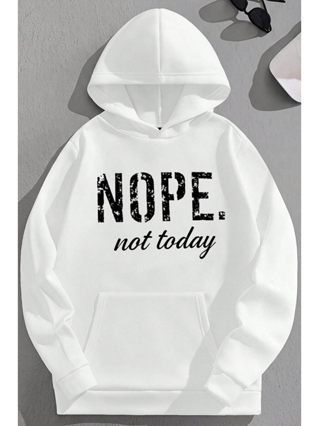 Unisex 3 İplik Pamuklu Beyaz Nope Baskı Bol Kalıp Sweatshirt Hoodie