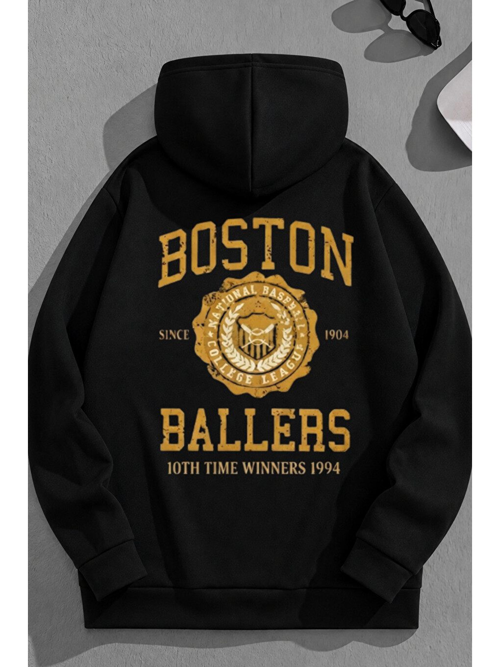 Unisex 3 İplik Pamuklu Siyah Bostonballers Baskı Bol Kalıp Sweatshirt Hoodie