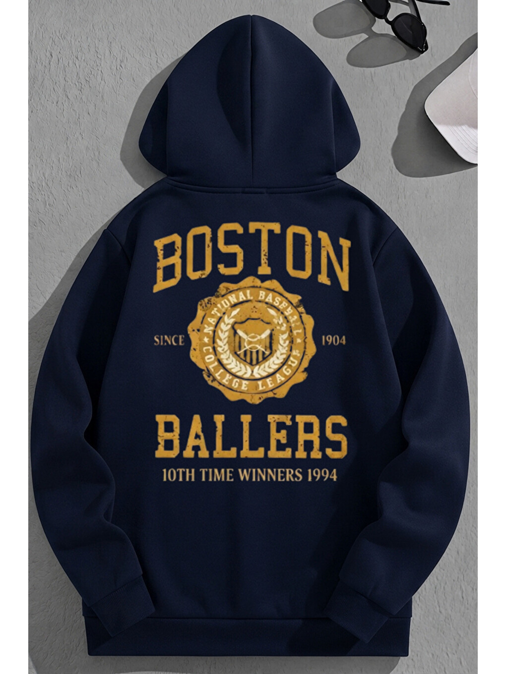 Unisex 3 İplik Pamuklu Lacivert Bostonballers Baskı Bol Kalıp Sweatshirt Hoodie