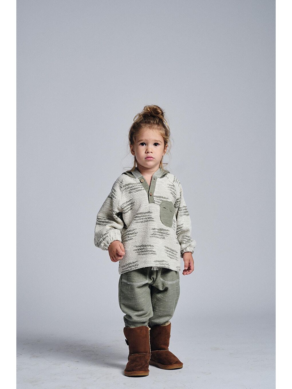 Haki Unisex Etnik Desen Kapüşonlu 2'li Takım