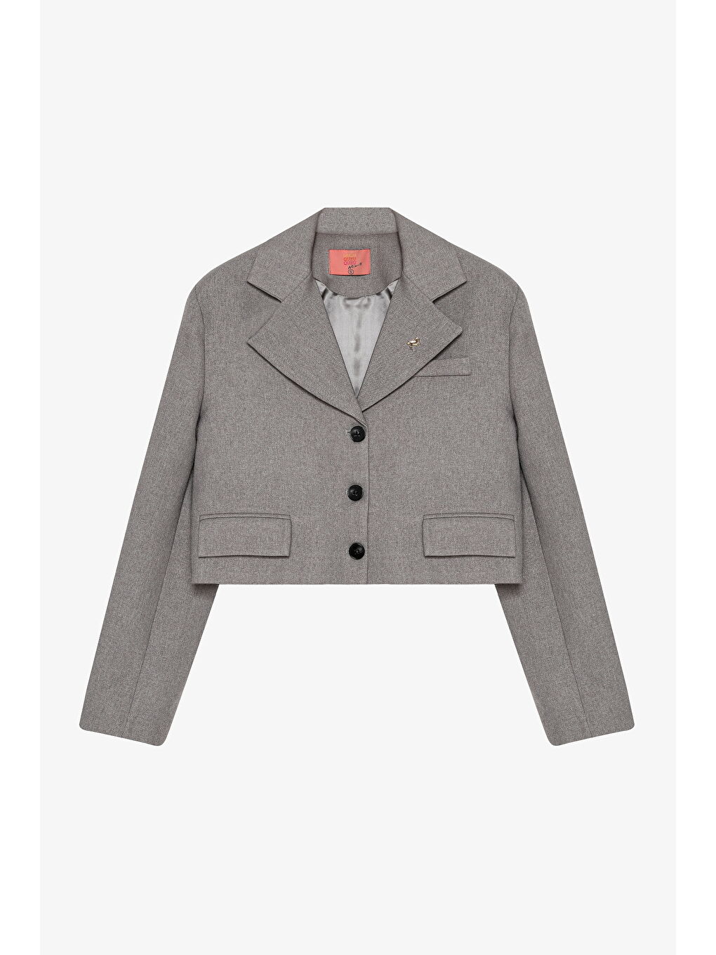 Broş Aksesuarlı Düğmeli Crop Blazer Ceket Gri