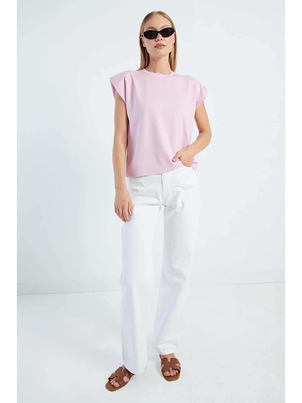 Pembe Basic Omuz Vatkalı Modal Tişört-2