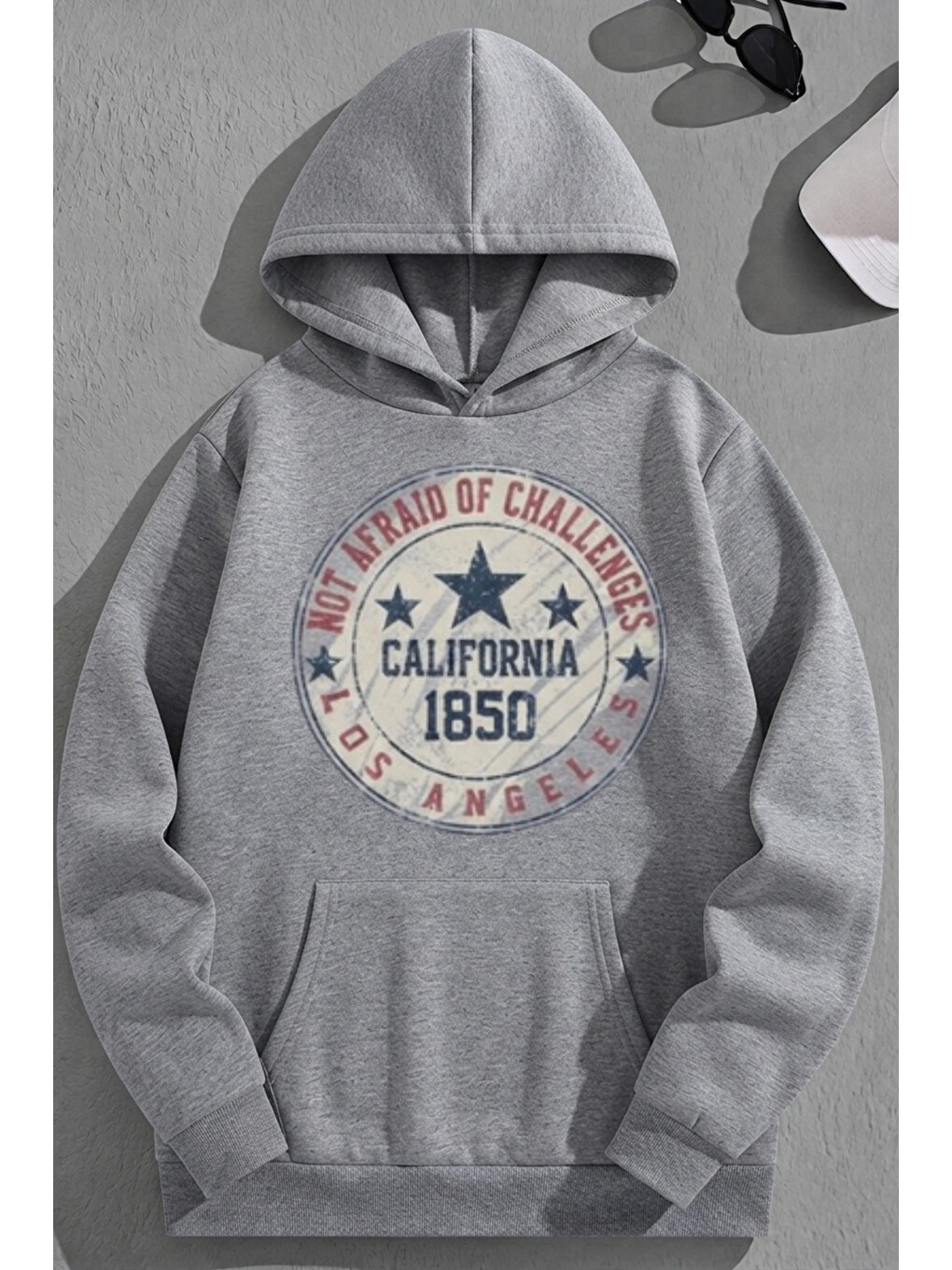 Unisex 3 İplik Pamuklu Gri Calif1850 Baskı Bol Kalıp Sweatshirt Hoodie
