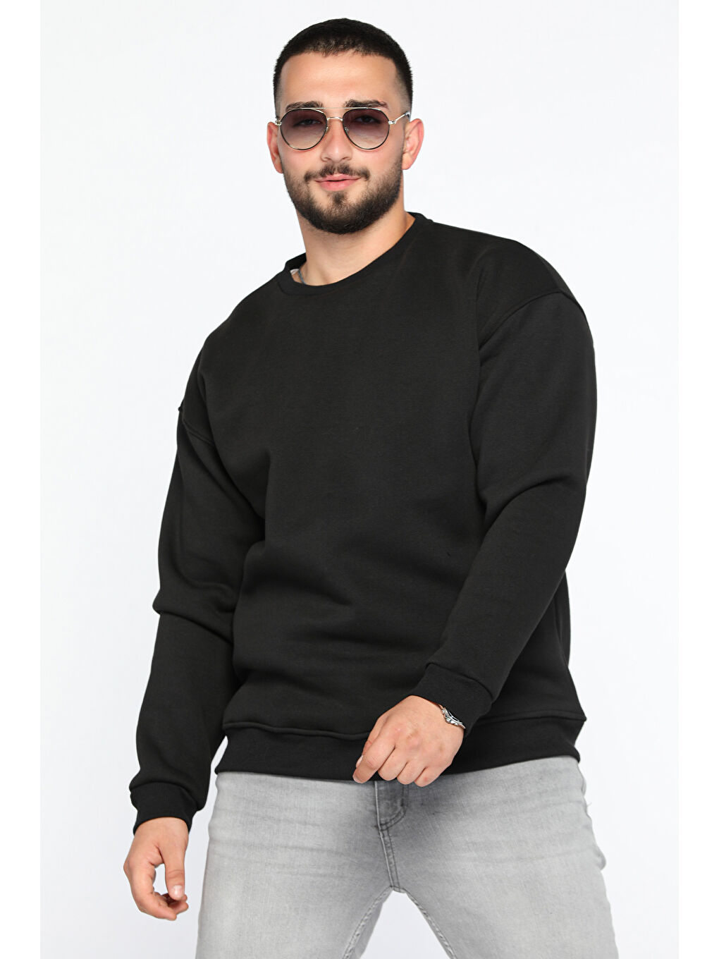 Mishar İtalia Siyah Erkek Bisiklet Yaka Oversize Şardonlu Üç İplik Sweatshirt