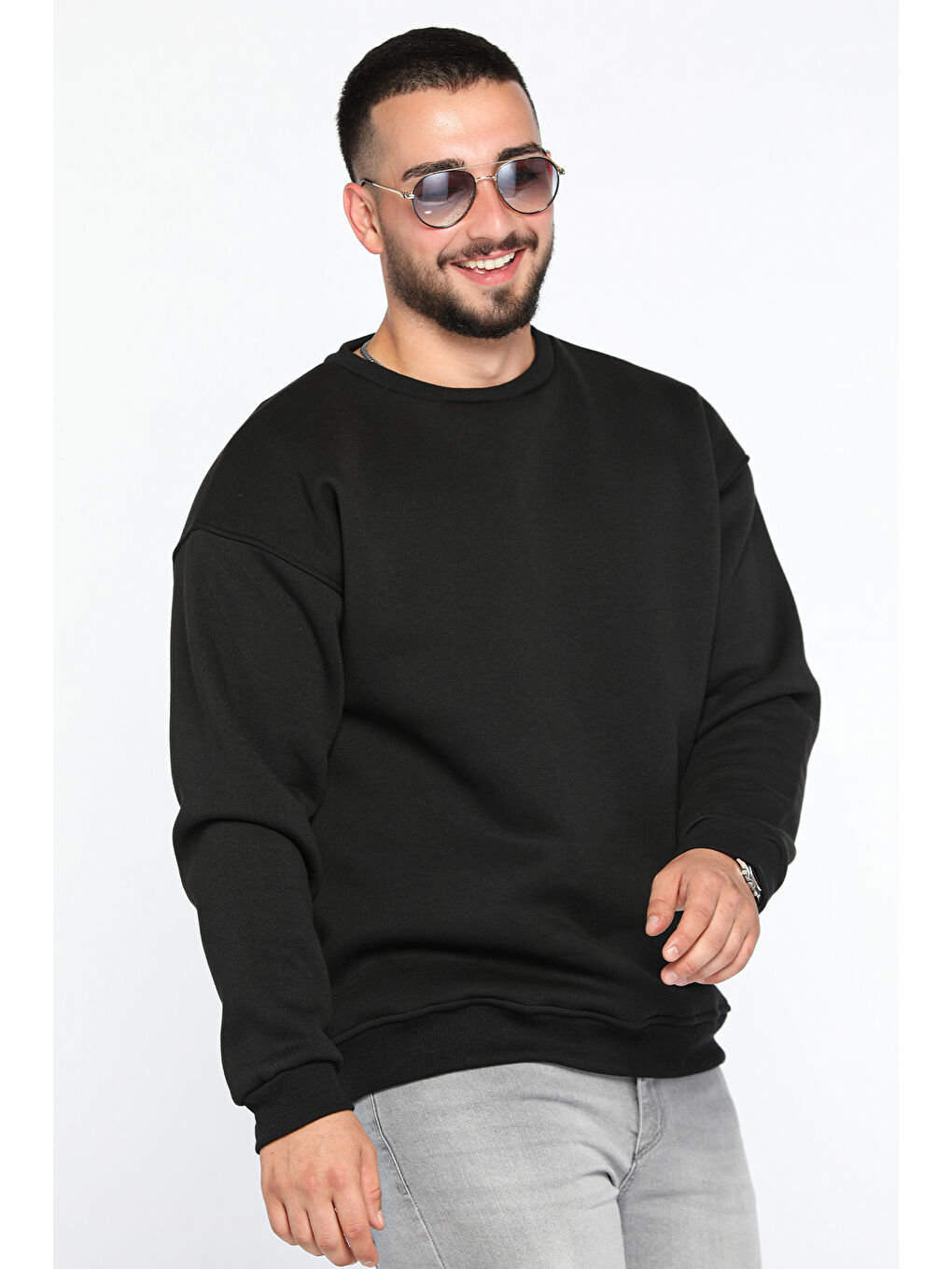 Mishar İtalia Siyah Erkek Bisiklet Yaka Oversize Şardonlu Üç İplik Sweatshirt - 1