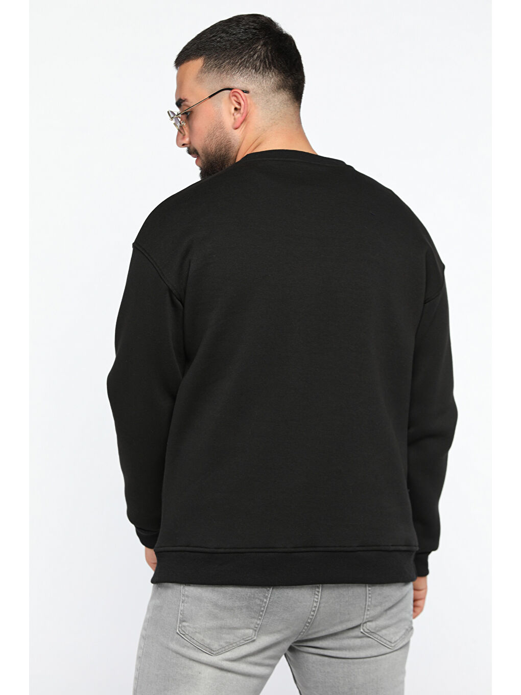 Mishar İtalia Siyah Erkek Bisiklet Yaka Oversize Şardonlu Üç İplik Sweatshirt - 2