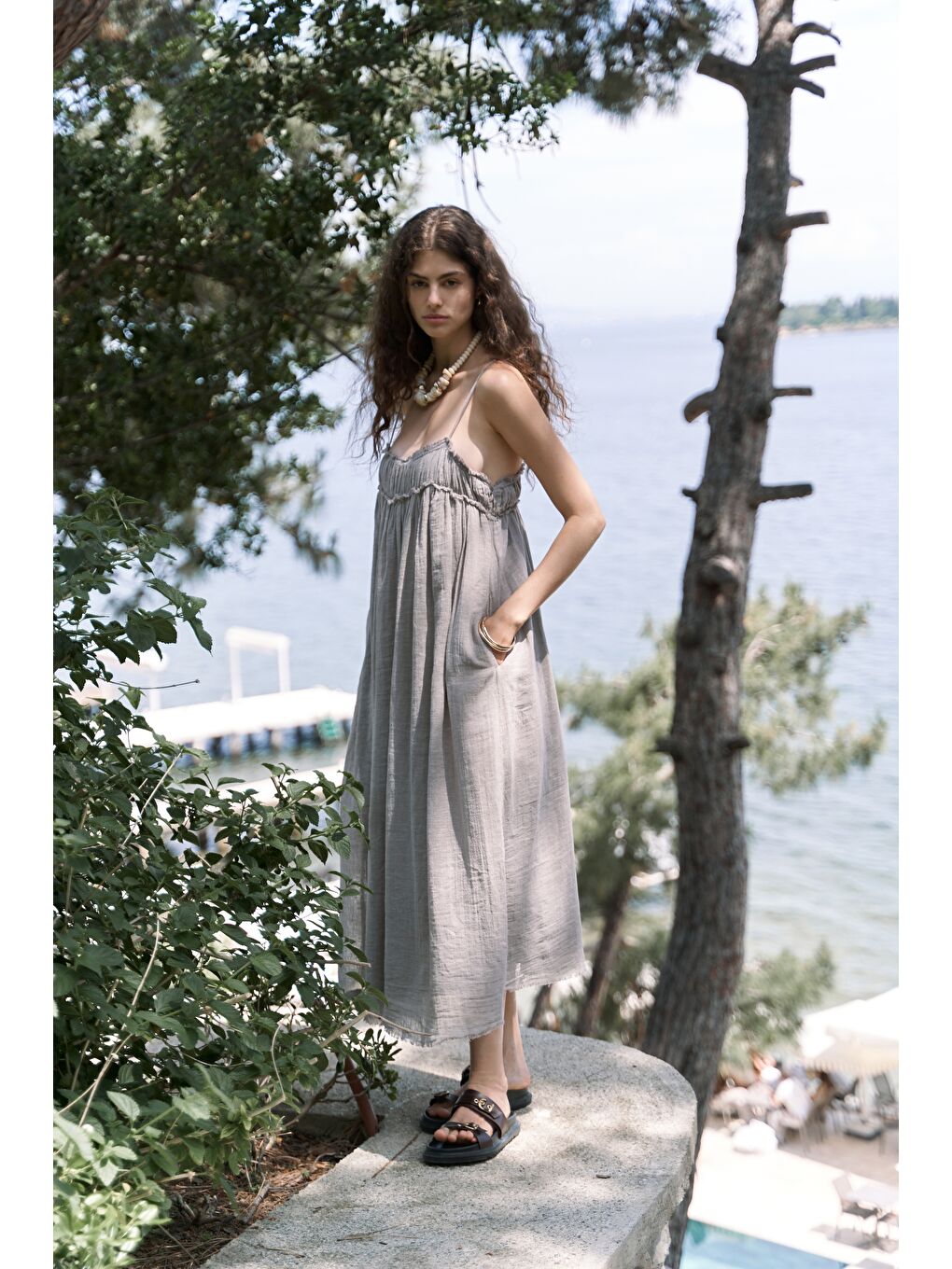 Bej Torrora Uzun Vizon Keten Elbise-1