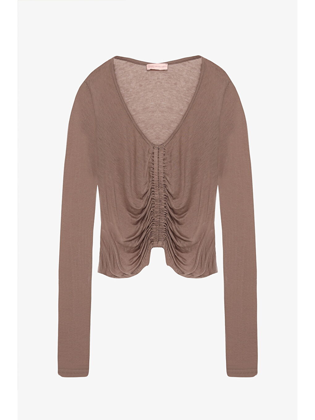 Bej Önü Büzgülü V Yaka Transparan Bluz Vizon