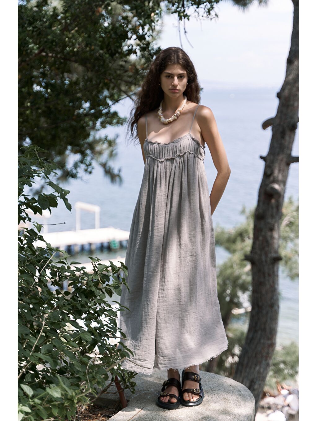 Bej Torrora Uzun Vizon Keten Elbise-2