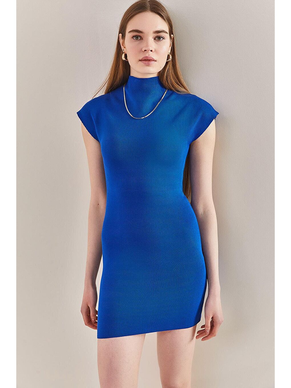 Yarım Balıkçı Yaka Triko Elbise - Mavi
