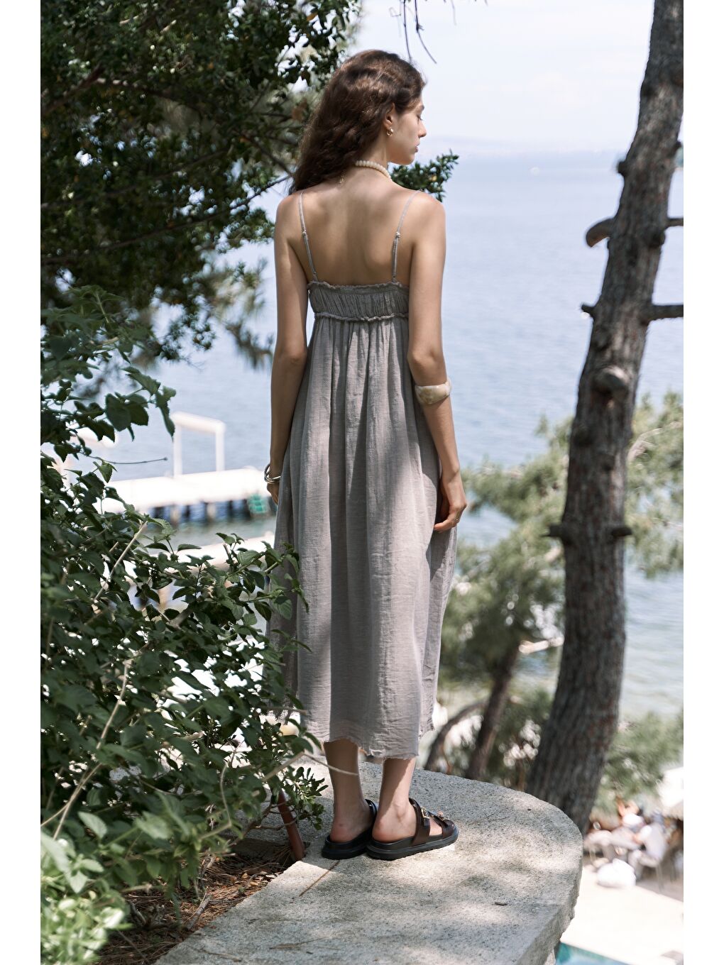 Bej Torrora Uzun Vizon Keten Elbise-3