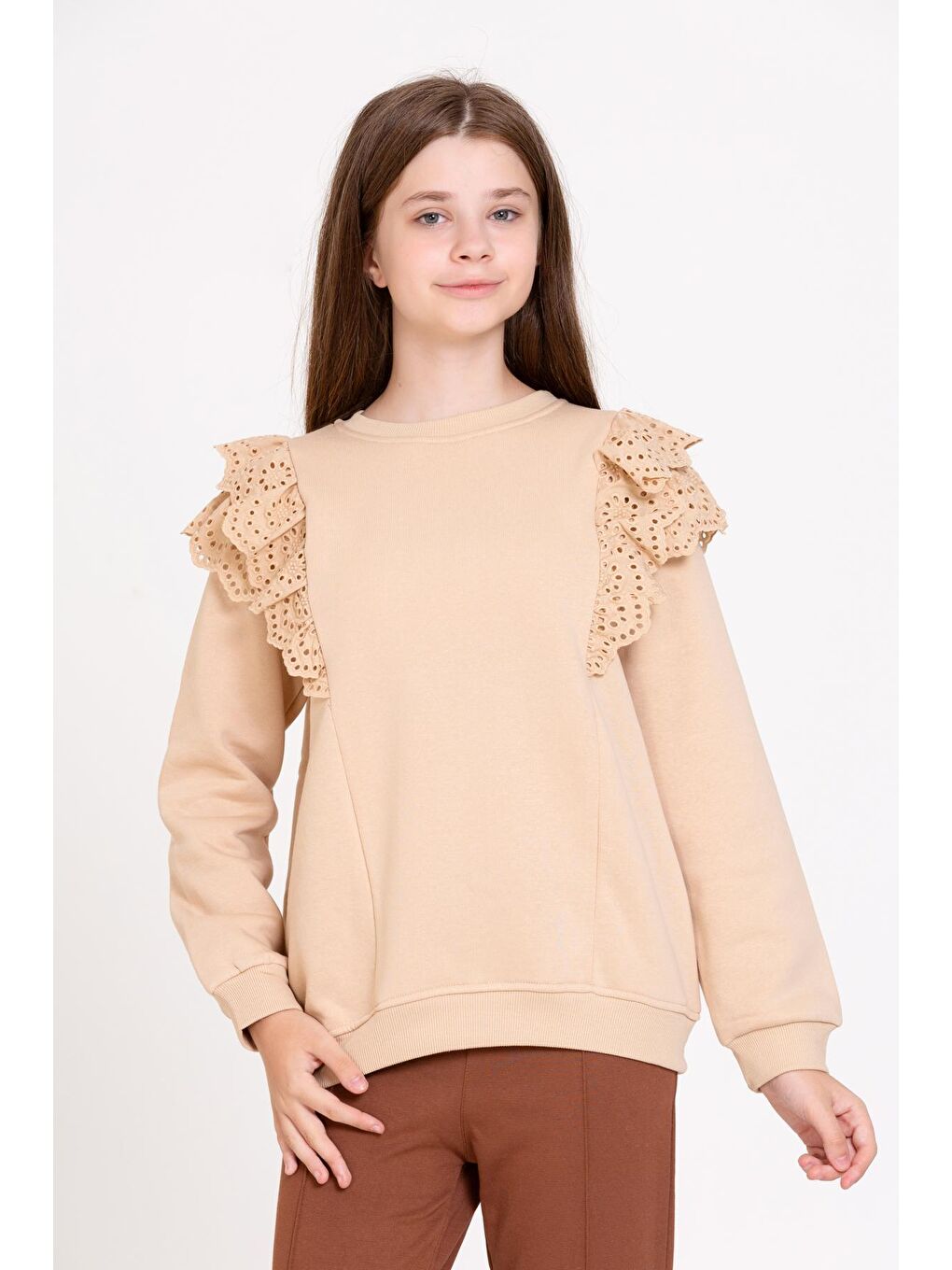 Kız Çocuk Bej Dantelli 4-12 Yaş Sweatshirt - 23178-2