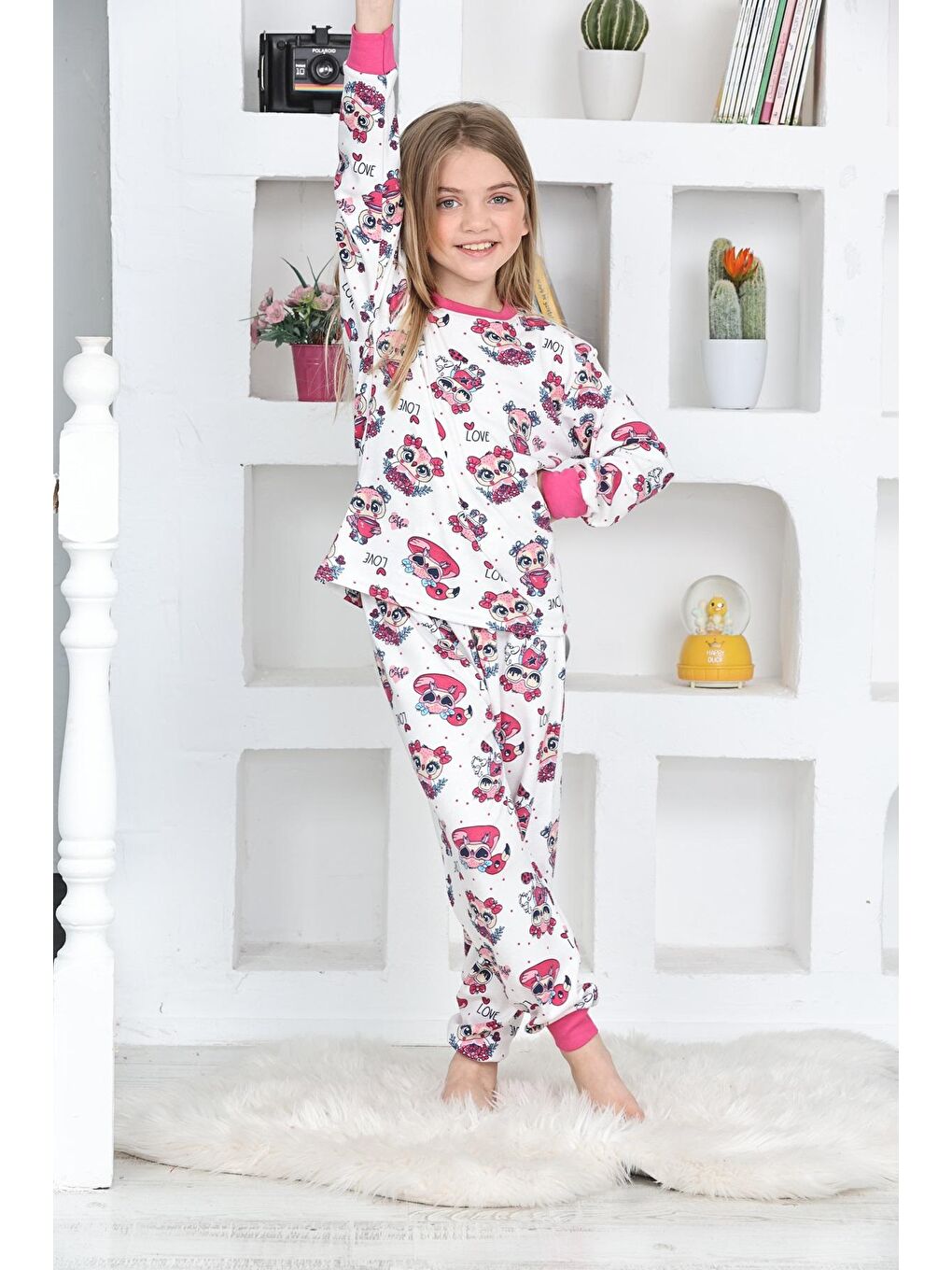 Kapi Kids Fuşya-Beyaz Kız Çocuk Kuş Baskılı Pijama Takımı 1-11 Yaş 4924-26