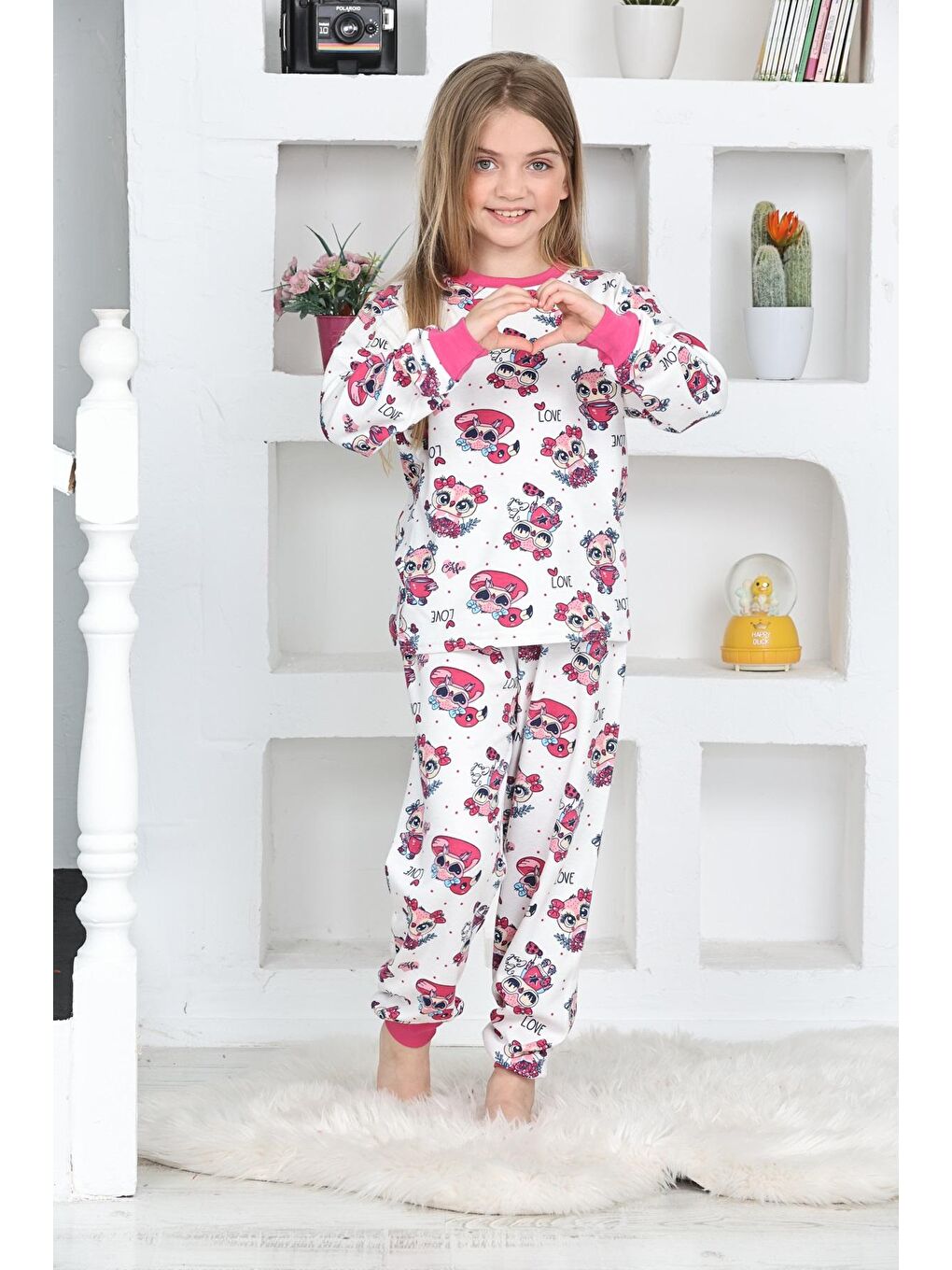 Kapi Kids Fuşya-Beyaz Kız Çocuk Kuş Baskılı Pijama Takımı 1-11 Yaş 4924-26 - 1