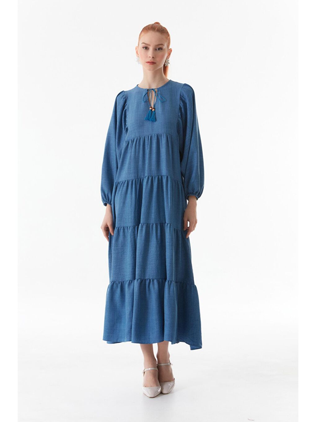 İndigo Yakası Bağlamalı V Yaka Elbise-1