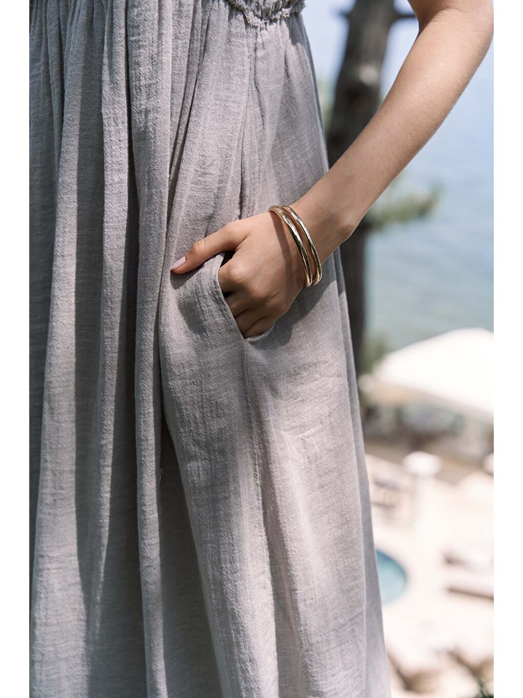 Bej Torrora Uzun Vizon Keten Elbise-6