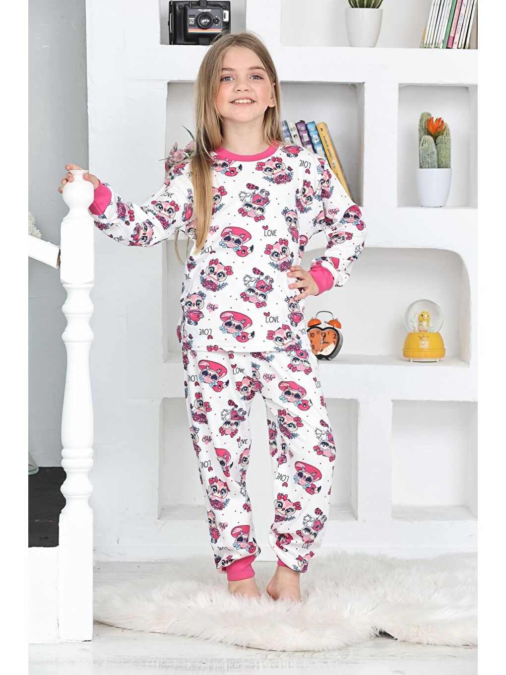 Kapi Kids Fuşya-Beyaz Kız Çocuk Kuş Baskılı Pijama Takımı 1-11 Yaş 4924-26 - 2