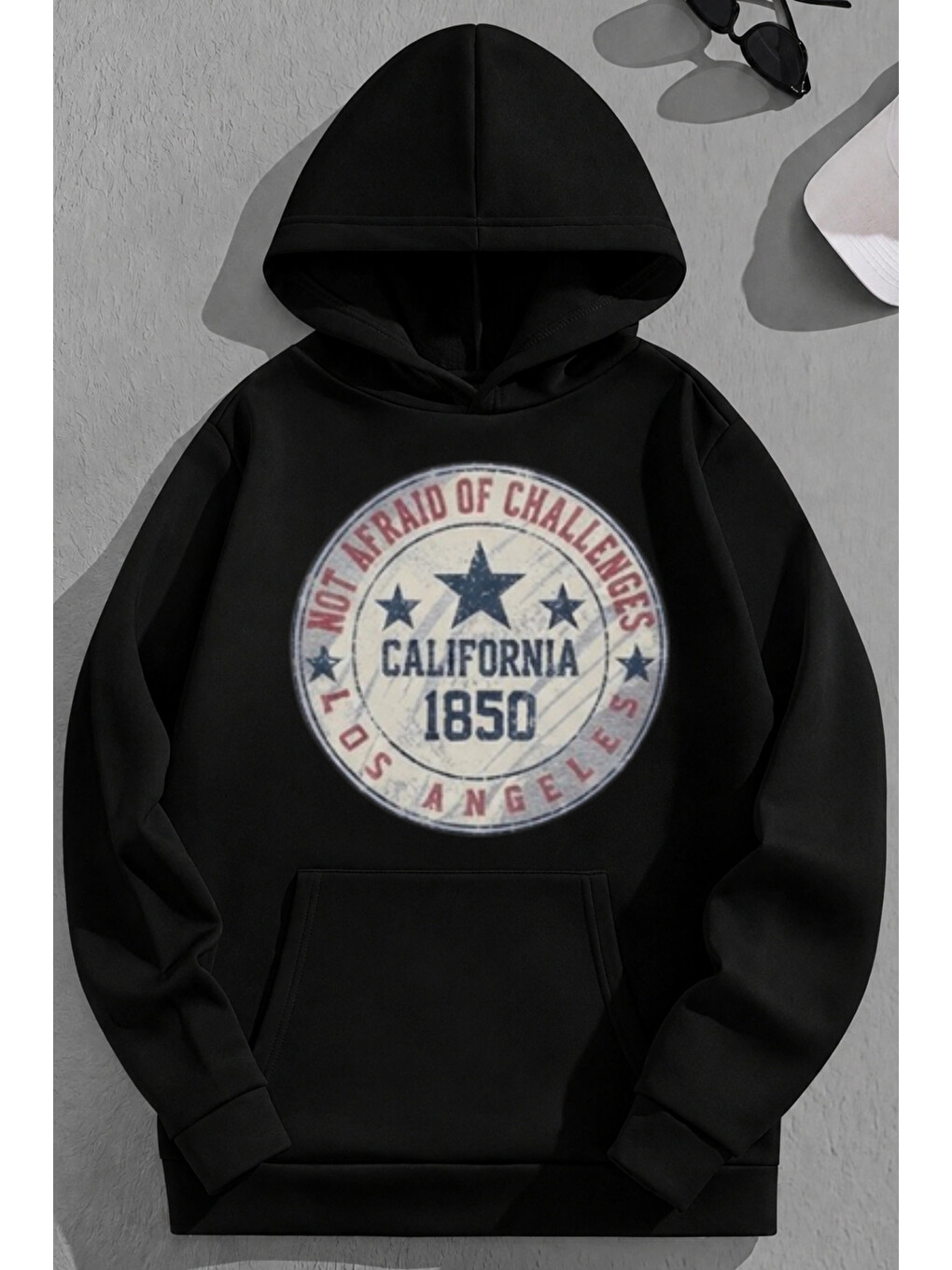 Unisex 3 İplik Pamuklu Siyah Calif1850 Baskı Bol Kalıp Sweatshirt Hoodie