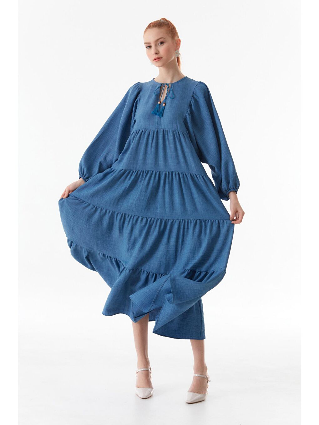 İndigo Yakası Bağlamalı V Yaka Elbise-2