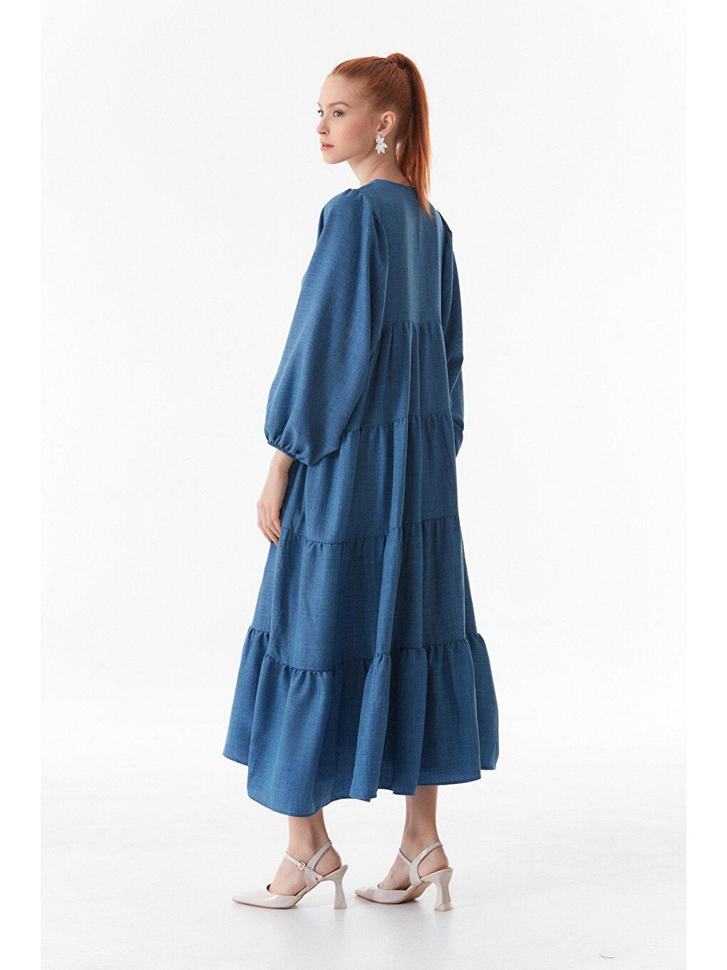 İndigo Yakası Bağlamalı V Yaka Elbise-3