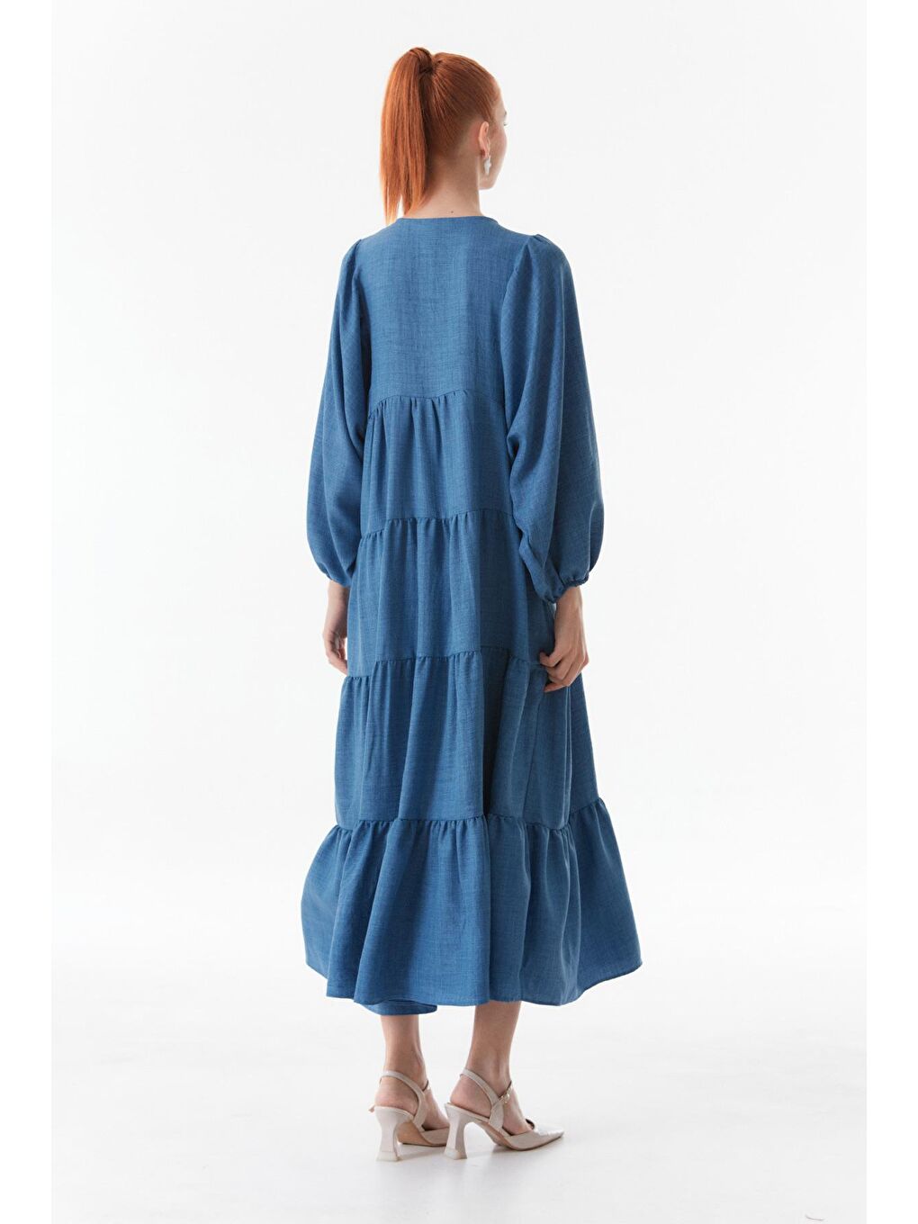 İndigo Yakası Bağlamalı V Yaka Elbise-4