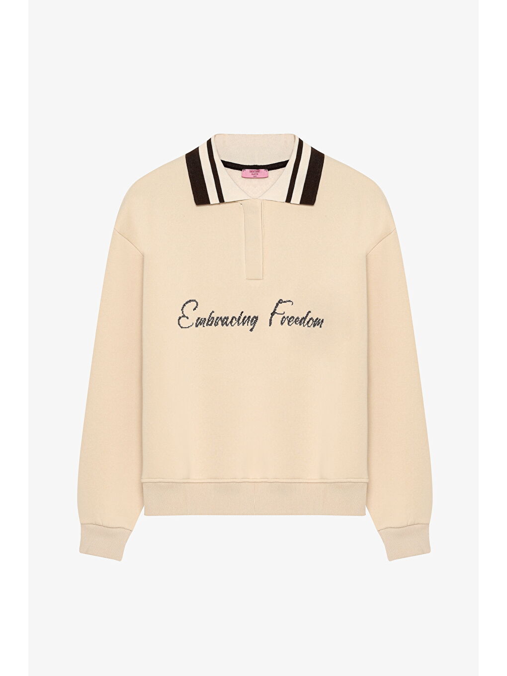 Yazı Nakışlı Şeritli Polo Yaka Oversize Sweatshirt Bej