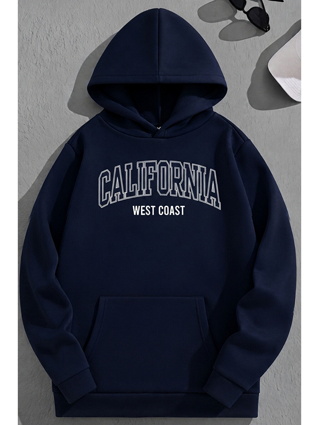 Unisex 3 İplik Pamuklu Lacivert Califwestcoast Baskı Bol Kalıp Sweatshirt Hoodie